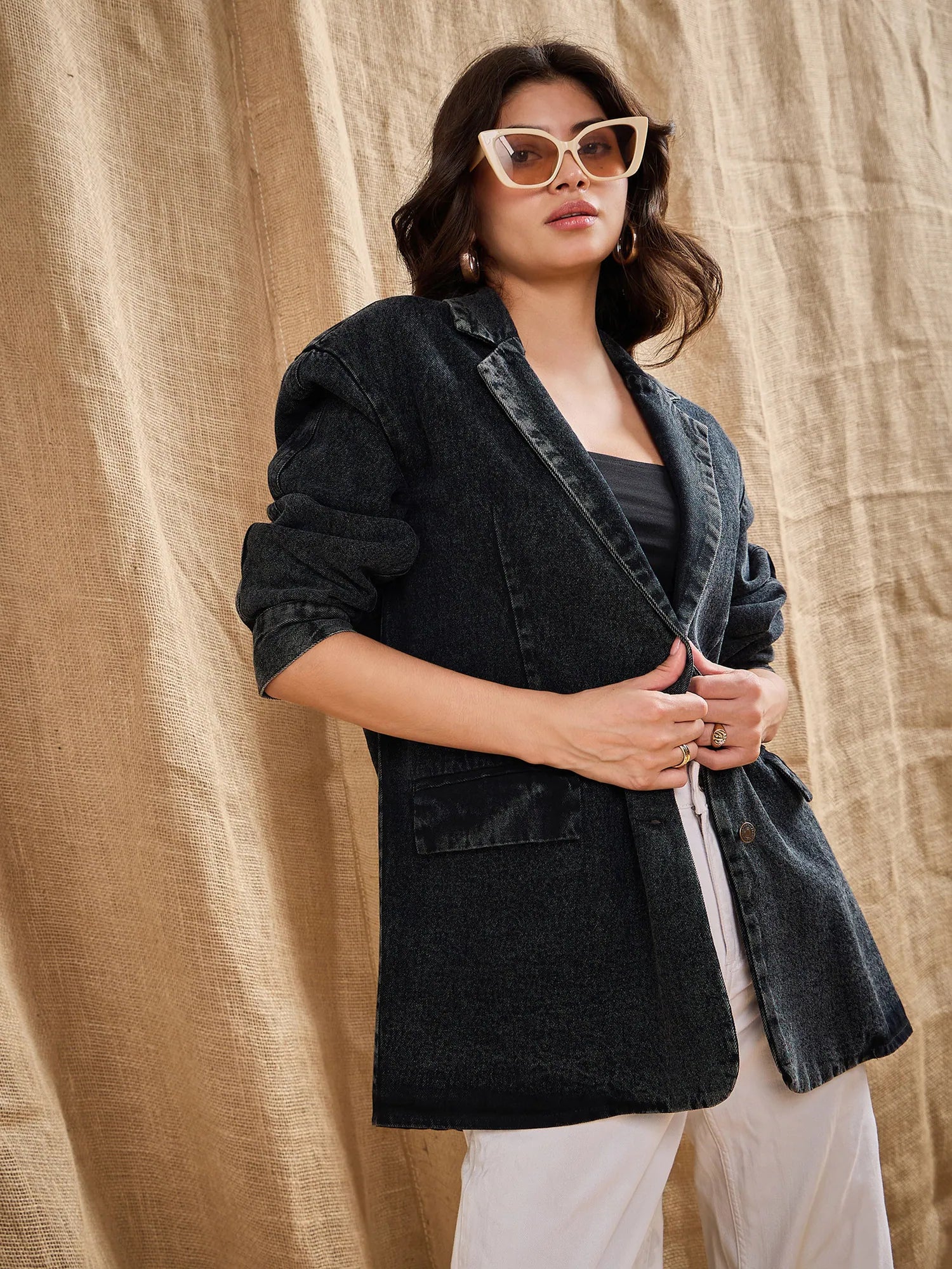 Women Black Denim Washed Oversized Notch Collar Blazer-SFJCKT6923 Women's Unique Blazer Women Black Denim Washed Oversized Notch Collar Blazer-SFJCKT6923 Women's Unique Blazer