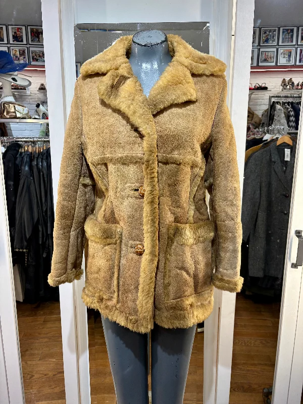70’s Sand Beige Shearling Coat By Schott NYC Asymmetrical Collar Hooded Zippered