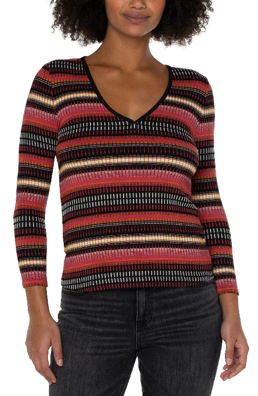 Liverpool 3/4 Sleeve V Neck Knit Top w/Contrast (multi color abstract stripe) Winter Knit Top Liverpool 3/4 Sleeve V Neck Knit Top w/Contrast (multi color abstract stripe) Winter Knit Top