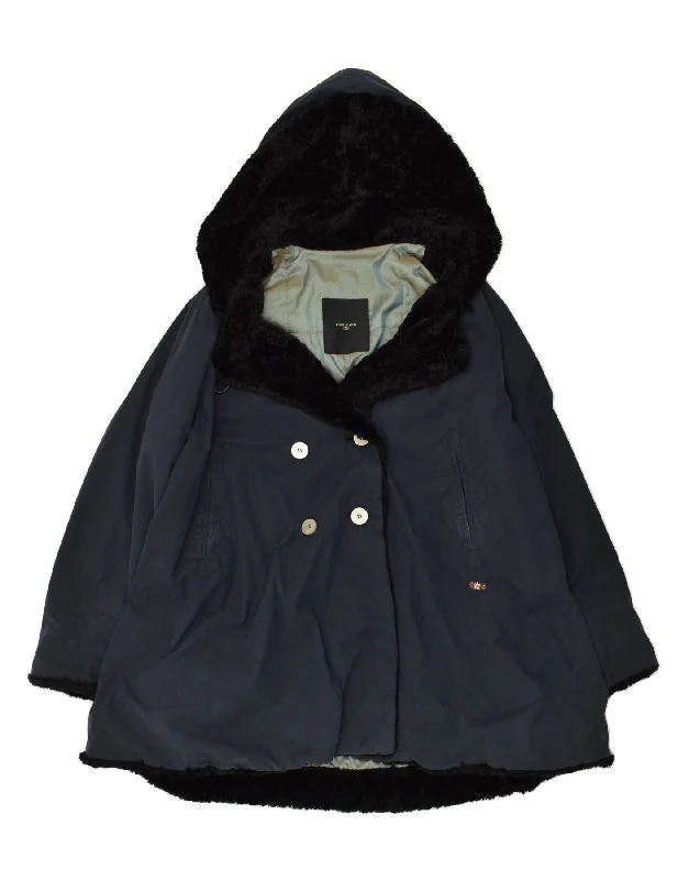 POST CARD Womens Hooded Double Breasted Coat IT 46 Large Navy Blue Cotton Chenille Brocade Lace