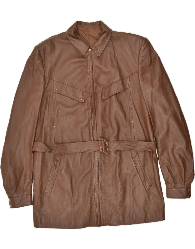 FIBOK Womens Leather Coat IT 52 2XL Brown Leather Wool Cashmere Tweed