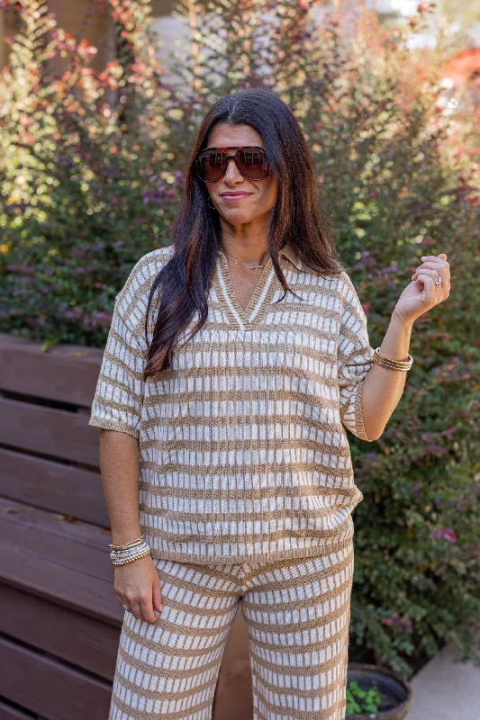 Squared Up Tan Knit Top Long Sleeve Knit Tee