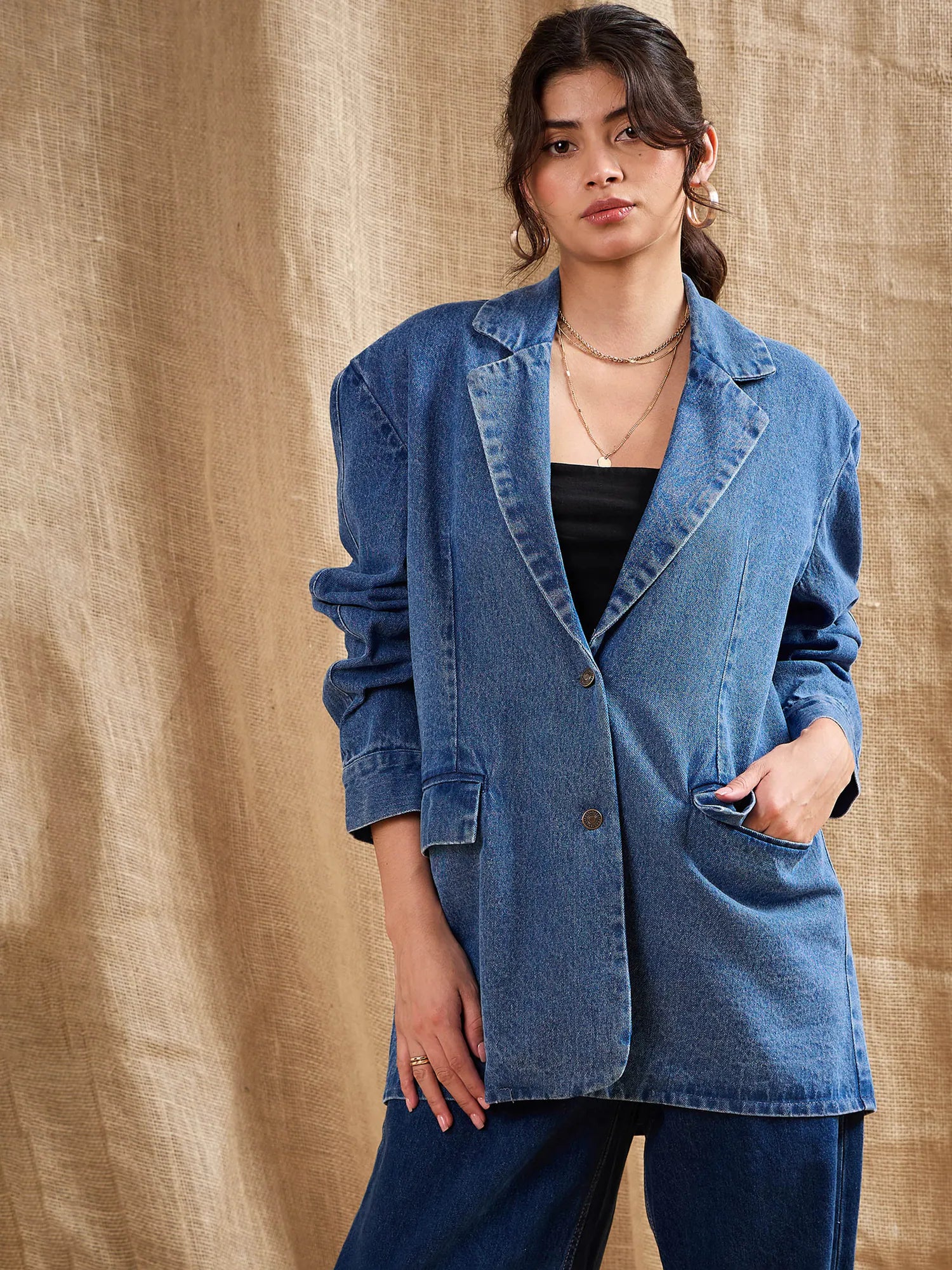 Women Blue Denim Washed Oversized Notch Collar Blazer-SFJCKT6922 Women's Vintage Jacket Women Blue Denim Washed Oversized Notch Collar Blazer-SFJCKT6922 Women's Vintage Jacket