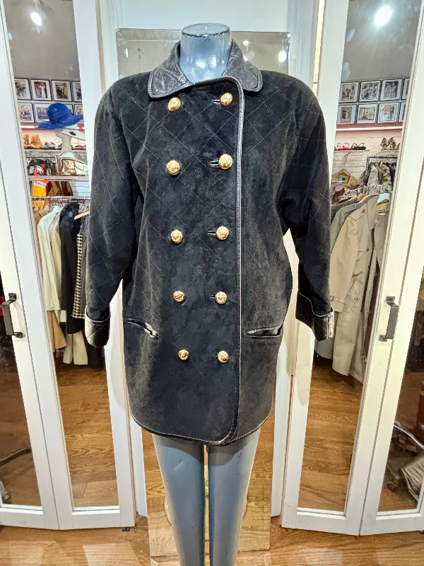 90’s Black Suede & Leather Double Breasted Coat Stole Shawl Scarf