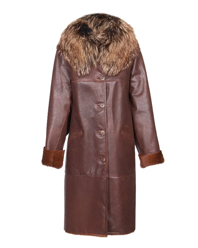 Brown Long Shearling Coat Zip Front Button Front Snap Front