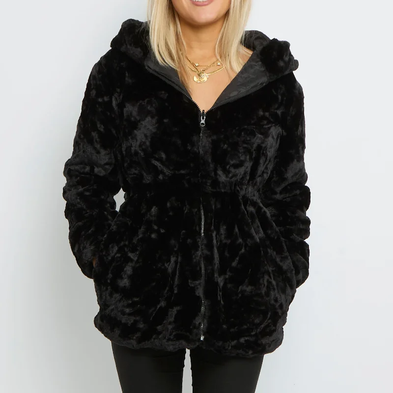 Faux Fur Elasticated Waist Hooded Coat - UK 10 Peter Pan Collar Cowl Neck Turtleneck