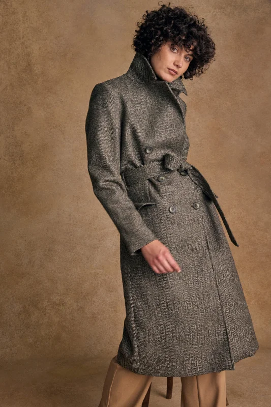 Clodagh Wool Coat - Olive Teal Herringbone Knit Woven Fleece