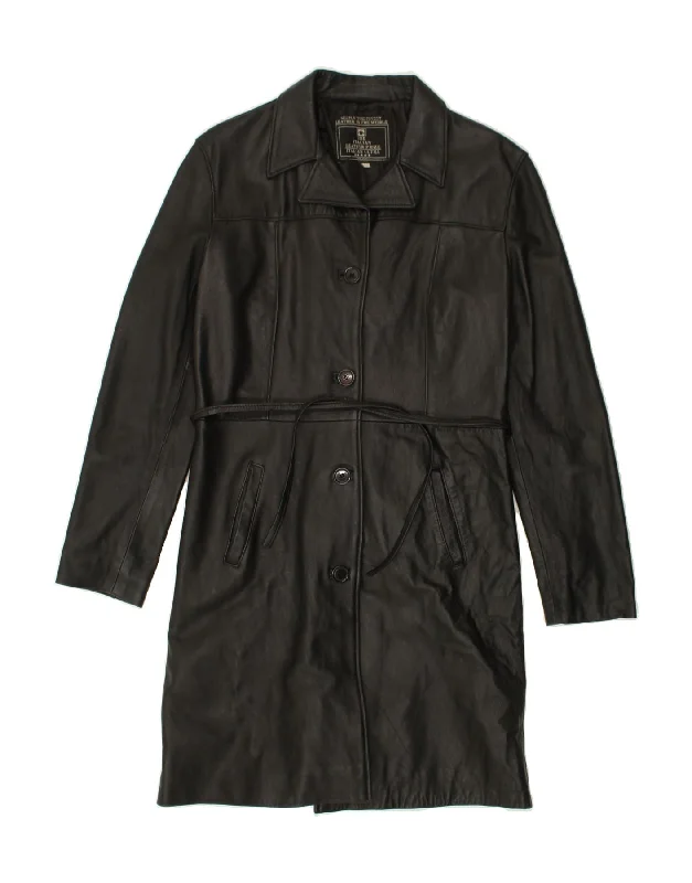 VINTAGE Womens Leather Coat IT 48 XL Black Leather Parka Anorak Hoodie