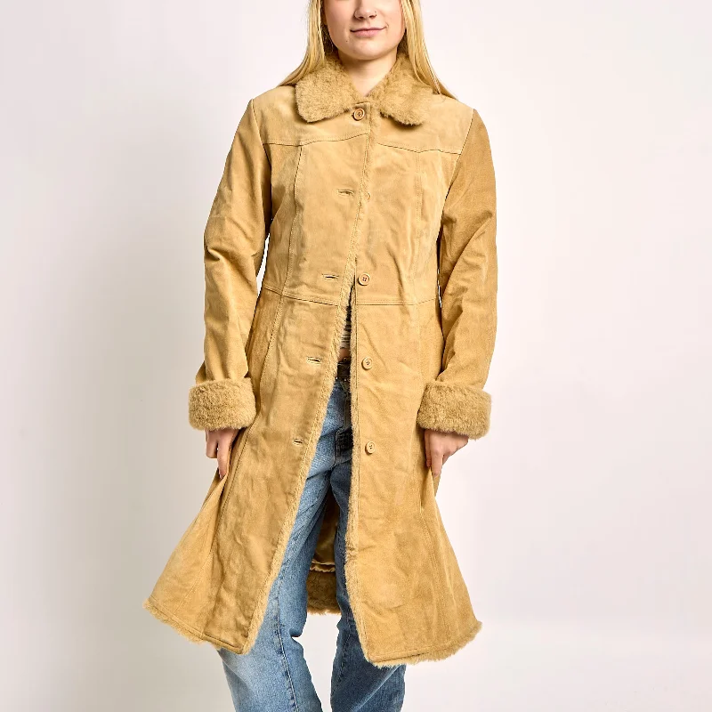 Fur Collared Suede Coat With Silk Lining - M Houndstooth Jacket Shearling Jacket Fleece Jacket Fur Collared Suede Coat With Silk Lining - M Houndstooth Jacket Shearling Jacket Fleece Jacket