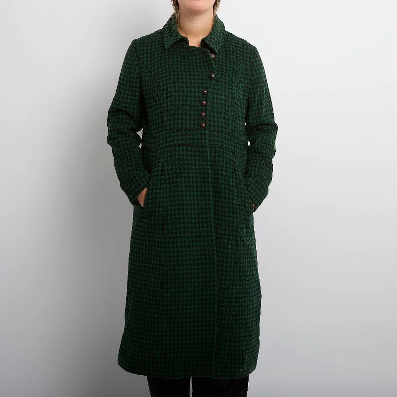 Dogtooth Wool Mix Long Coat - UK 14 Hook-and-Loop Buckled Tied