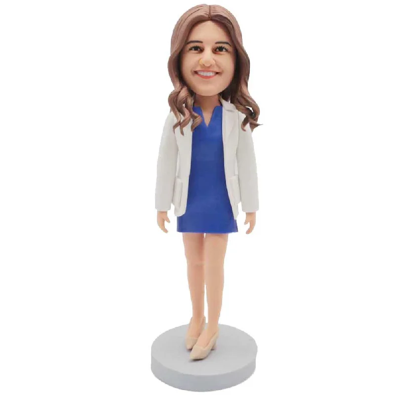 Custom Happy Female Doctor Bobbleheads In White Coat And Blue Dress Collared Crew Neck Turtle Neck Custom Happy Female Doctor Bobbleheads In White Coat And Blue Dress Collared Crew Neck Turtle Neck