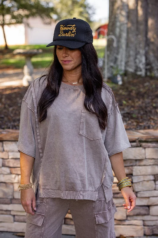 Vintage Trends Washed Mocha Knit Top V Neck Knit Shirt