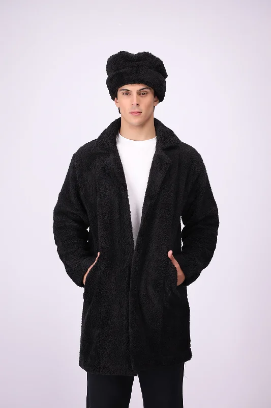 Plush Comfort Long Fur Unisex Coat - Black Plaid Tartan Floral
