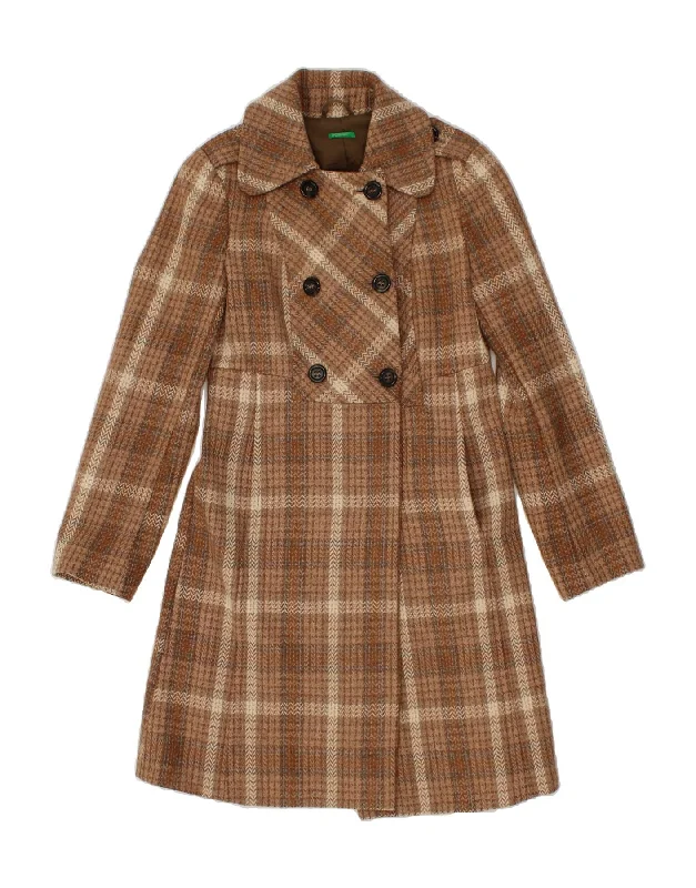 BENETTON Womens Double Breasted Coat IT 36 XS Brown Check Wool Print Jacquard Embroidered