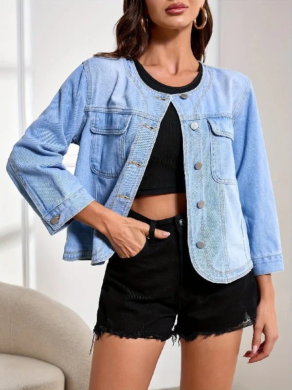 Plain Washed Blue Button Up Crew Neck Long Sleeve Elegant Style Denim Jacket Top, Women's Denim Jeans & Clothing Mesh Jacket Canvas Jacket Denim Jacket Mesh Jacket Canvas Jacket Denim Jacket