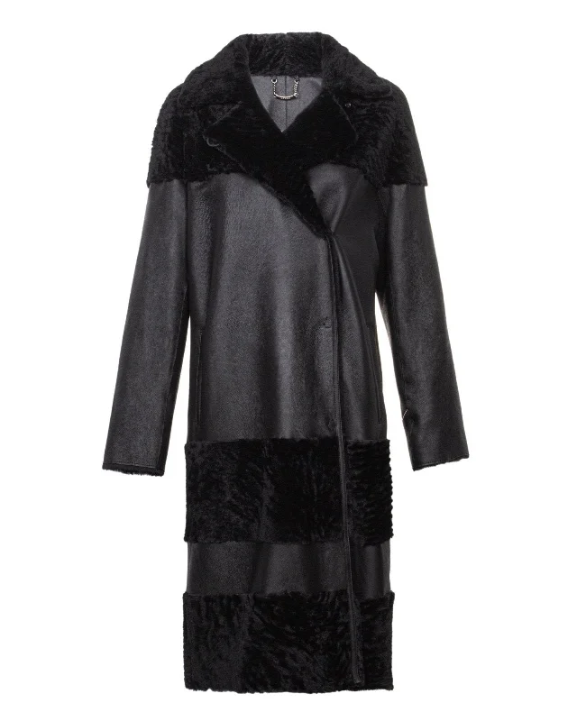 Black Long Leather Coat Pleated Ruffled tiered