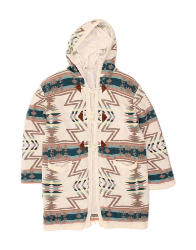 VINTAGE Womens Hooded Knit Duffle Coat UK 16 Large Beige Geometric Aztec Tie-Waist Belted Drawstring VINTAGE Womens Hooded Knit Duffle Coat UK 16 Large Beige Geometric Aztec Tie-Waist Belted Drawstring