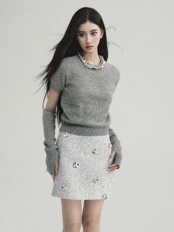 Sequined Round Neck Short Sleeve Slim Knit Top & Arm Warmers FRA0214 Turtle Neck Knit Top
