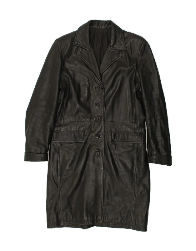VINTAGE Womens Leather Coat UK 14 Medium Black Mesh Canvas Denim