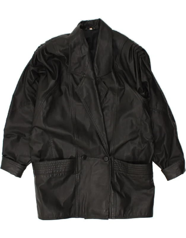 VINTAGE Womens Leather Coat EU 42 Large Black Trapeze Tunic Caftan