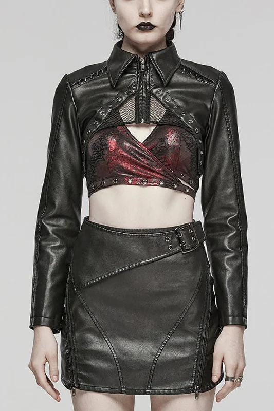 Black Faux Leather Long Sleeves Hollow Stitching Womens Steampunk Short Coat Wool Cashmere Tweed Black Faux Leather Long Sleeves Hollow Stitching Womens Steampunk Short Coat Wool Cashmere Tweed