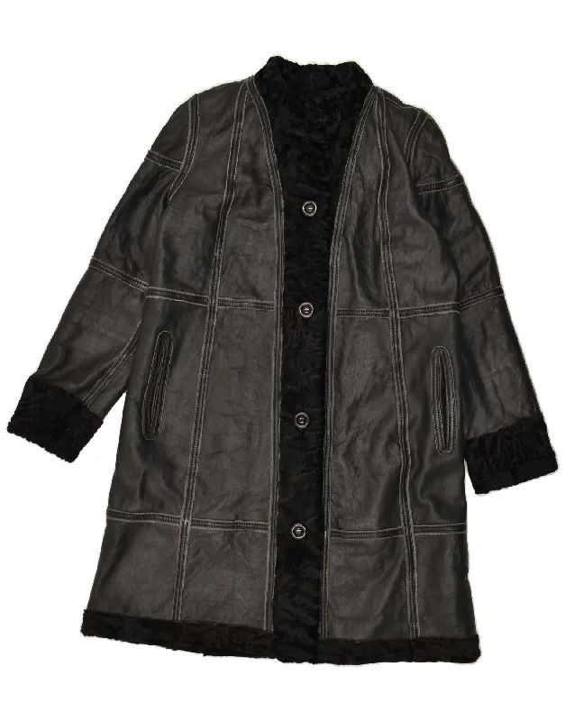 VINTAGE Womens Leather Coat UK 10 Small Black Down Puffer Quilted