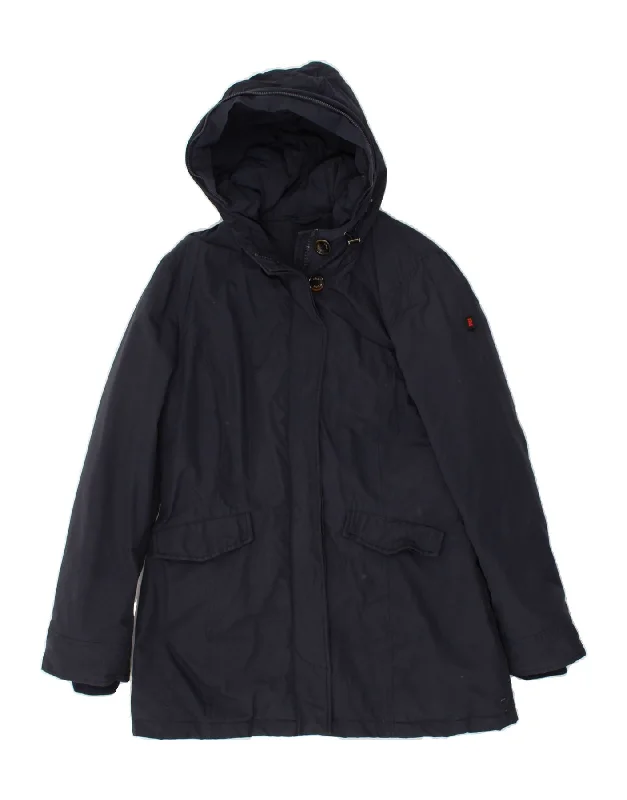 RIFLE Womens Hooded Padded Coat UK 14 Medium Navy Blue Cotton Rayon Velvet Corduroy