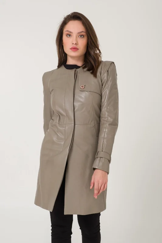 Grey Leather Trench Coat Sequined Lace Ribbed