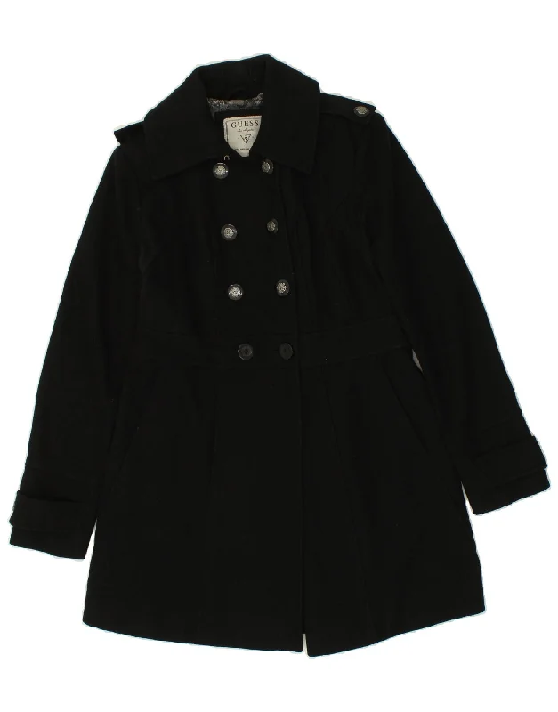 GUESS Womens Double Breasted Coat UK 12 Medium Black Wool Satin Silk Chiffon