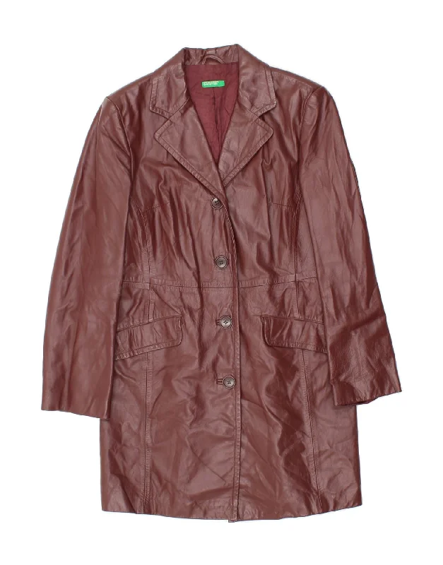 BENETTON Womens Leather Coat UK 8 Small Burgundy Off-the-Shoulder Jacket Double-Breasted Coat Single-Breasted Coat