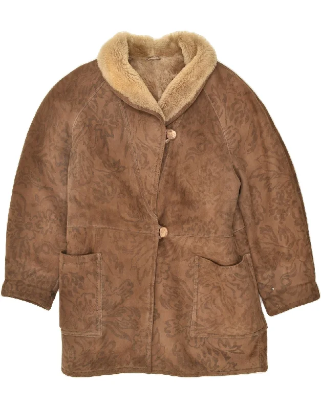 VINTAGE Womens Shearling Coat UK 16 Large Brown Striped Polka Dot Solid