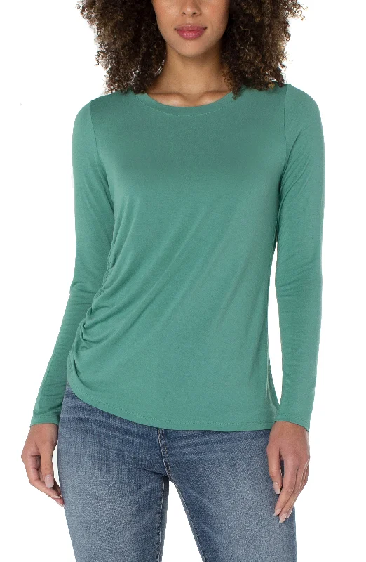 Crew Neck Long Slv Model Knit Top w Side Shirring Trendy Knit Top