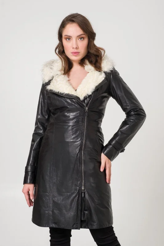 Black Shearling Coat Asymmetrical Collar Hooded Zippered