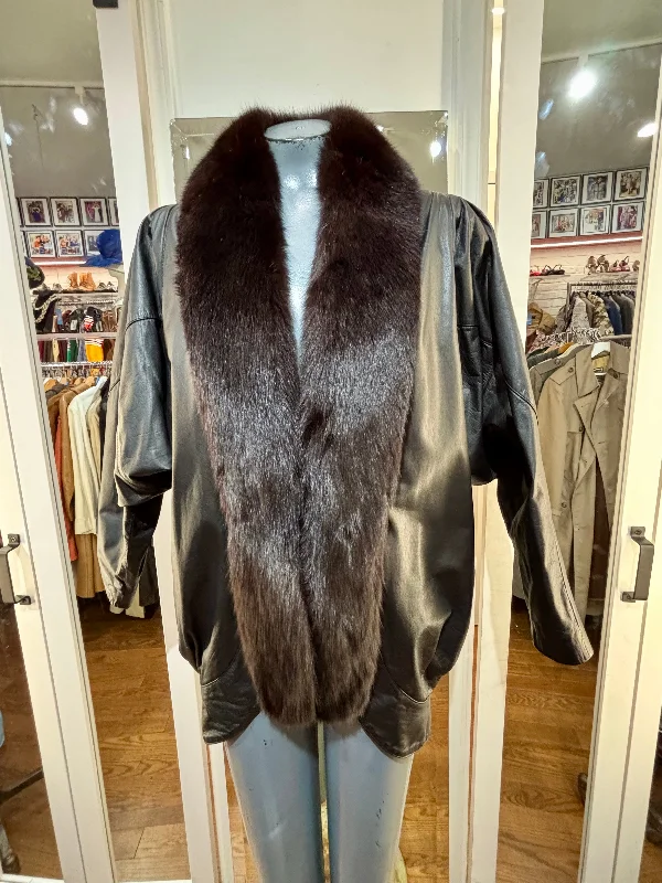80’s Going 20’s Black Leather Coat With Fur Collar And Front Trim By JF Lapel Coat Peter Pan Collar Coat Cowl Neck Coat 80’s Going 20’s Black Leather Coat With Fur Collar And Front Trim By JF Lapel Coat Peter Pan Collar Coat Cowl Neck Coat