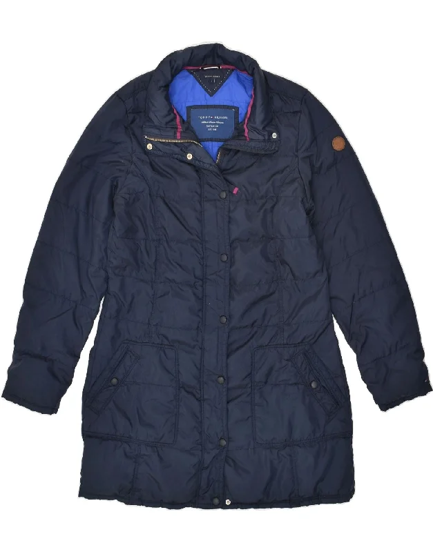 TOMMY HILFIGER Womens Padded Coat UK 14 Large Navy Blue Hook-and-Loop Buckled Tied