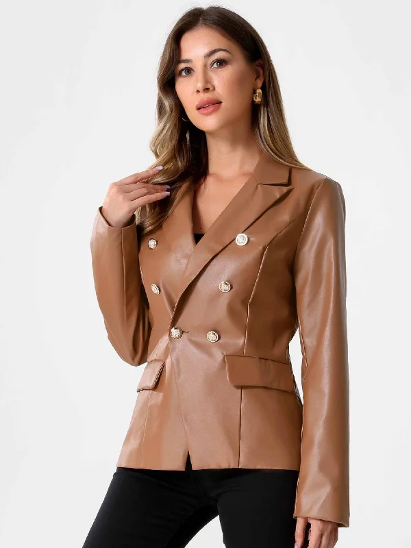 Notched Lapel Faux Leather Double Breasted PU Work Blazer Women's Casual Suit