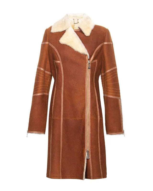 Brown Long Leather Coat Appliqued Beaded Sequined