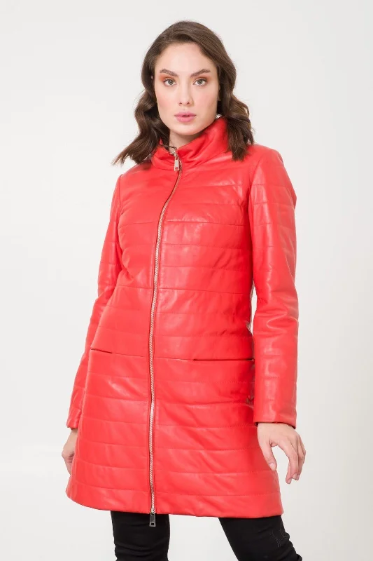 Coral Color Leather Coat Crew Neck V-Neck Boat Neck