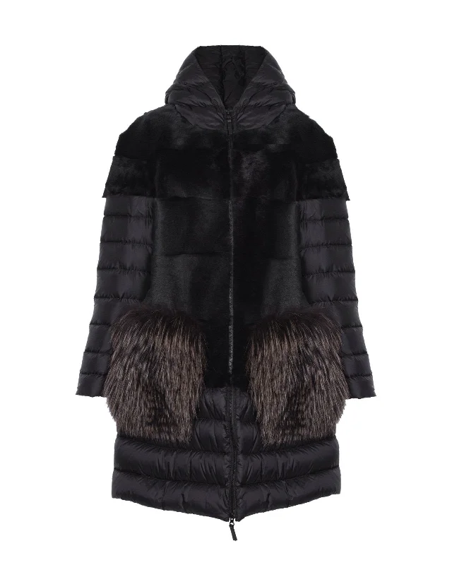 Black Long Shearling Puffer Coat Fleece Down Feather