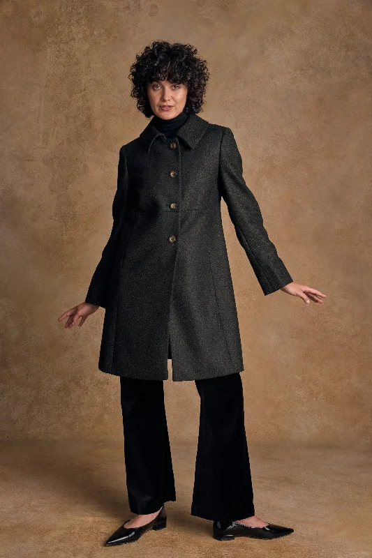 Aimee Tweed Coat - Deep Green Herringbone Front Pockets Side Pockets Patch Pockets