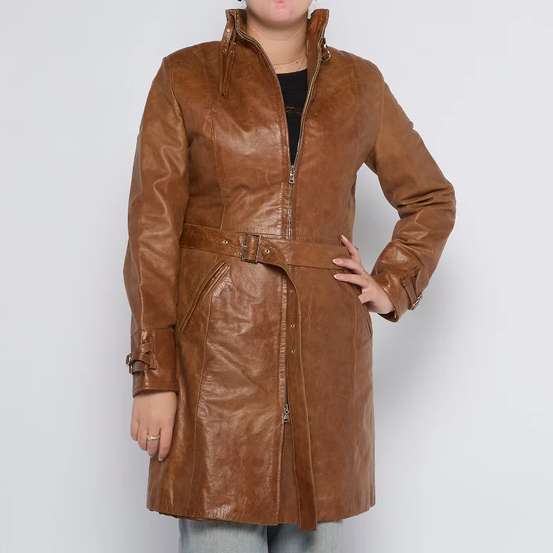 Long Leather Belted Buckle  Coat - UK 10 Pockets Sleeves Lining