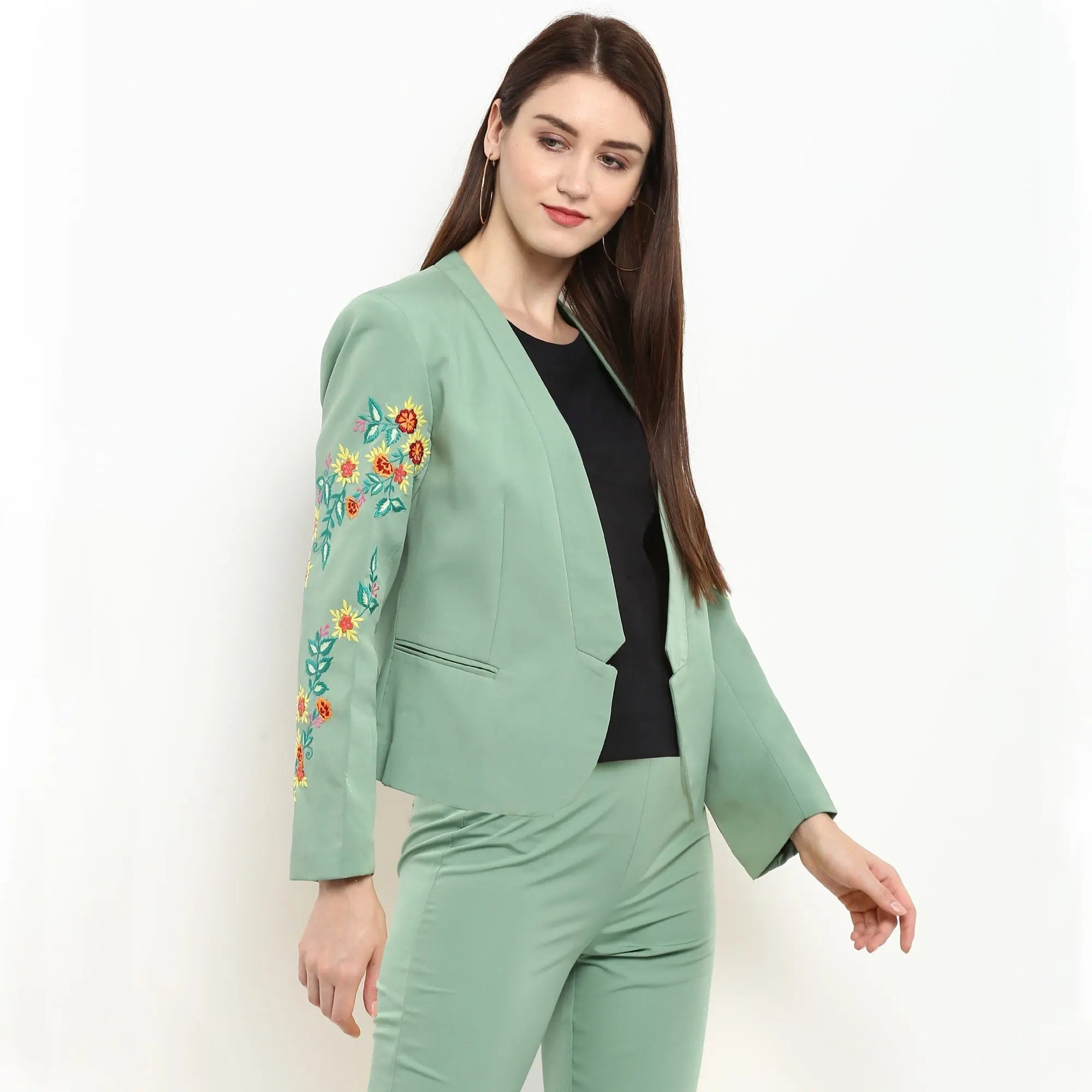 Pannkh Women's Pastel Green Embroidered Blazer Women's Solid Blazer