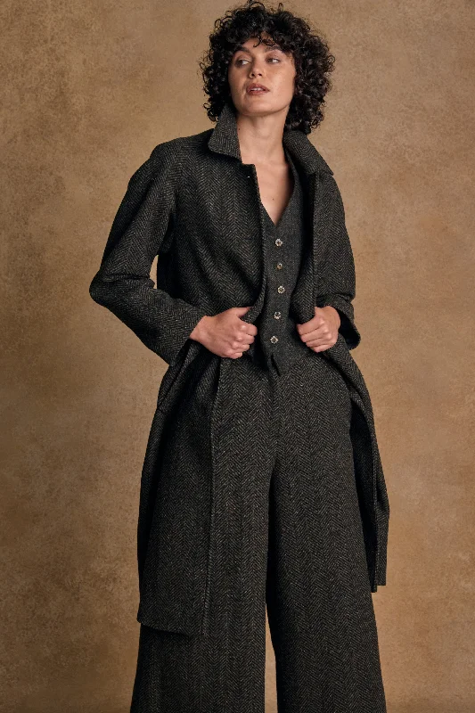 Shauna Tweed Coat - Donegal Pine Herringbone Sequined Lace Ribbed