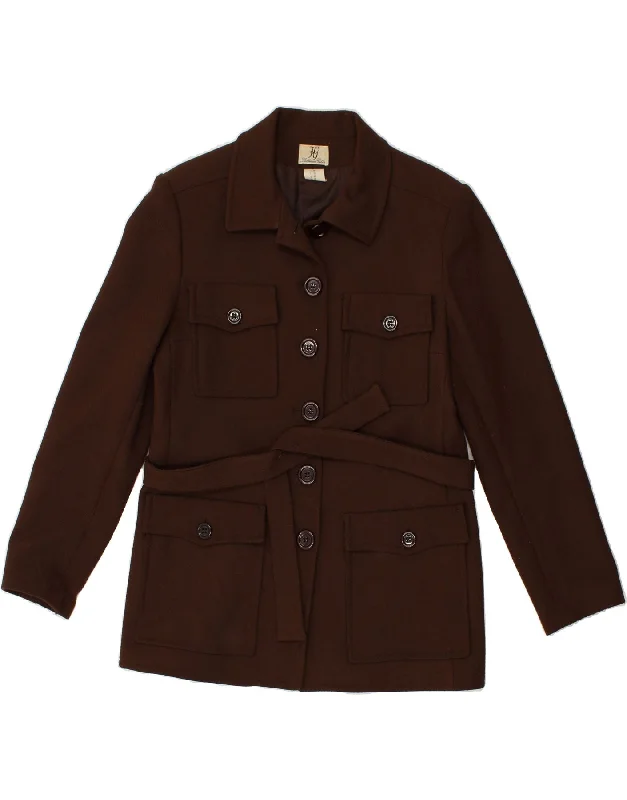 VINTAGE Womens Belted Pea Coat IT 46  Large Brown Polyester Faux Fur Real Fur Shearling