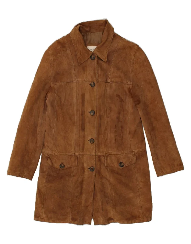 VINTAGE Womens Leather Coat UK 14 Medium Brown Leather Denim Leather Suede