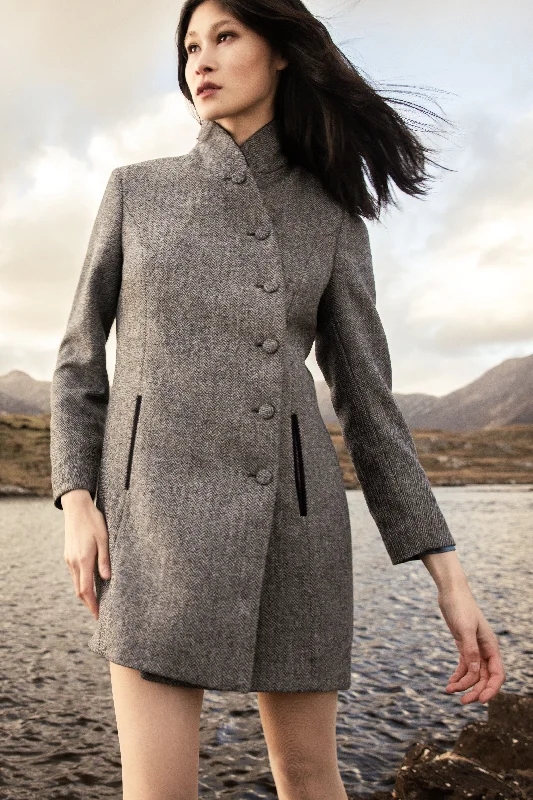 Robin Tweed Coat - Denim Herringbone Pockets Sleeves Lining