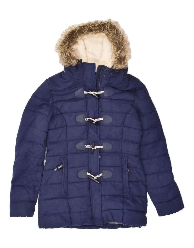 SUPERDRY Womens Hooded Padded Coat UK 10 Small Navy Blue Nylon Polyester Spandex