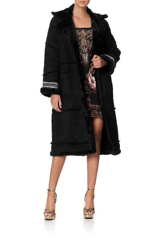 LONG SUEDE SHEARLING COAT MIRROR MIRROR Vent Hem Cuff