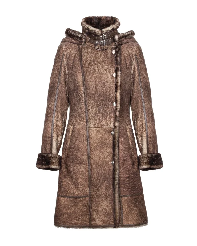 Brown Long Leather Coat Print Jacquard Embroidered