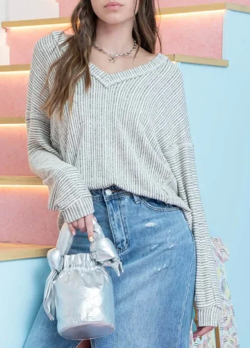 Rib Striped Drop Shoulder V Neck Knit Top w Raw Edge Detail Fashion Knit Shirt
